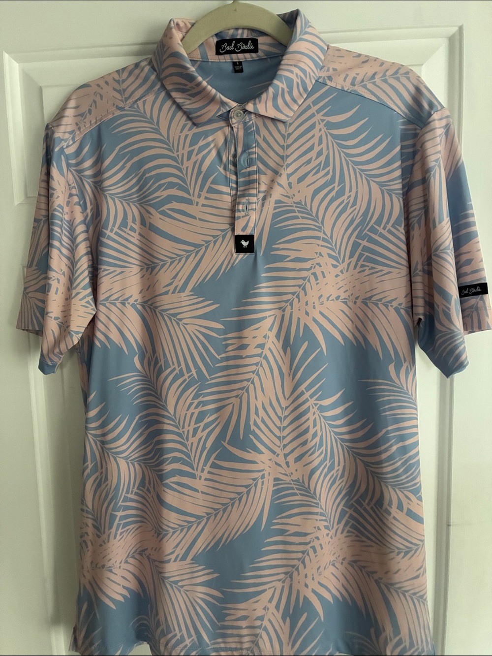 Bad Birdie Pink Palm-Print Polo on Blue Base